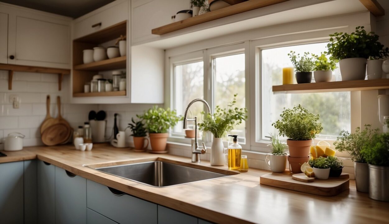 A sunny, clutter-free kitchen with shelves of eco-friendly cleaning products and a sparkling, chemical-free countertop. Windows let in natural light, creating a fresh and inviting space