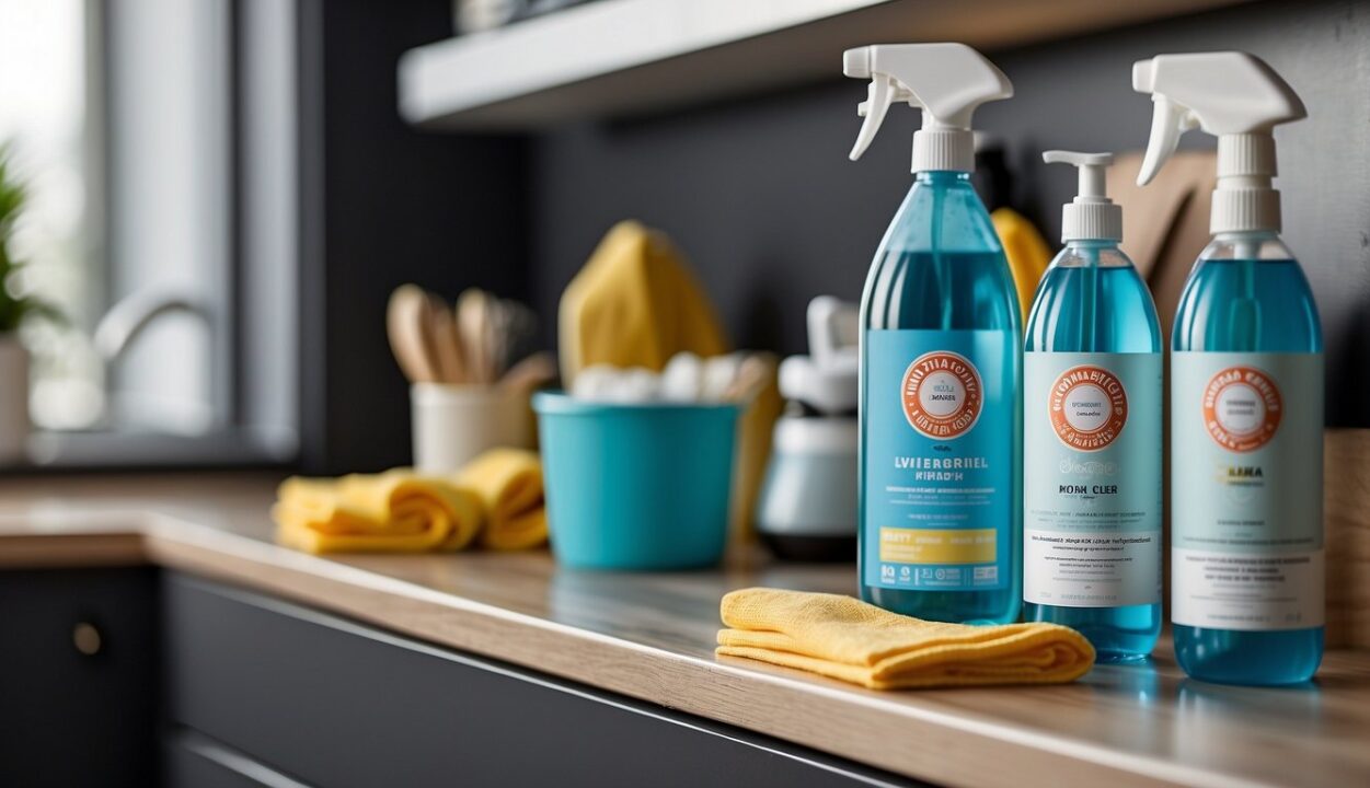 A tidy kitchen shelf displays non-toxic cleaning products with clear labels. A mop and bucket sit nearby, ready for use