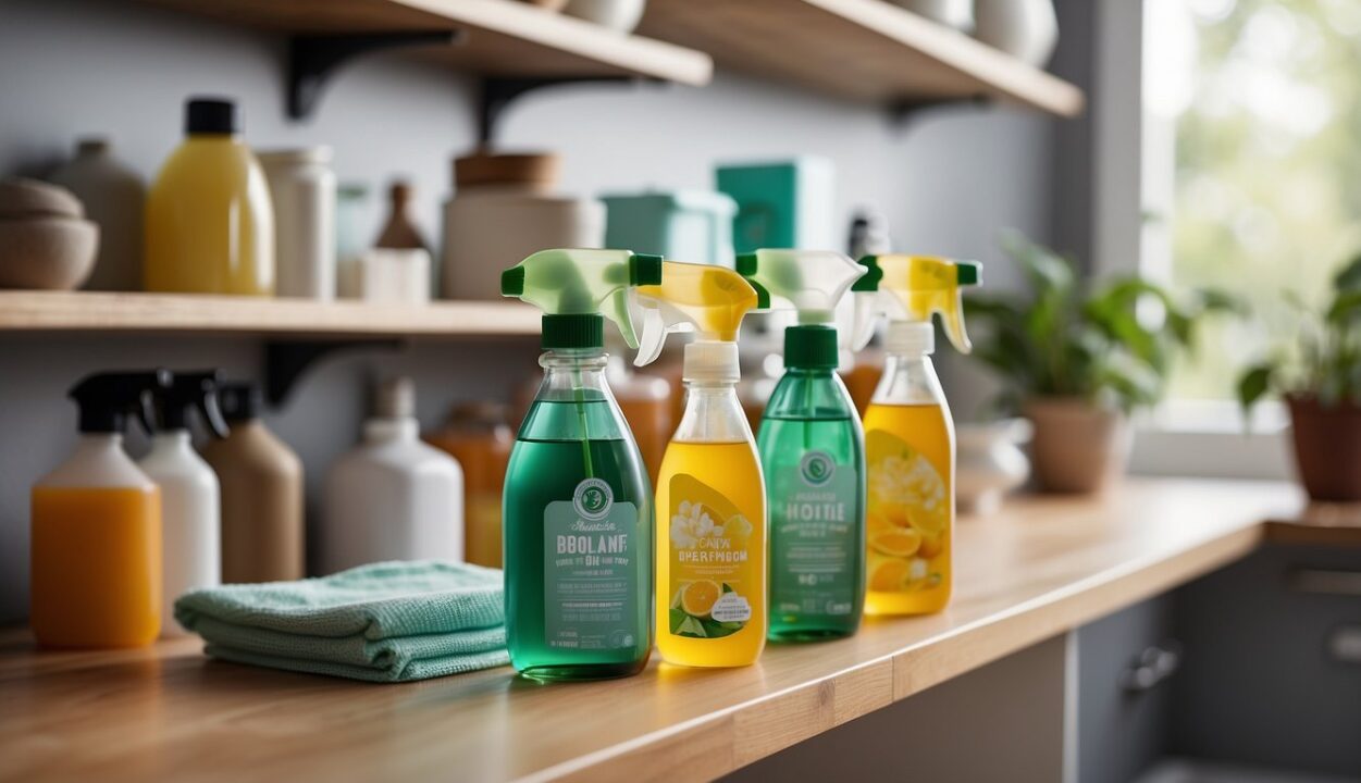 A clean and bright home with non-toxic cleaning products neatly organized on shelves, with natural ingredients and eco-friendly packaging