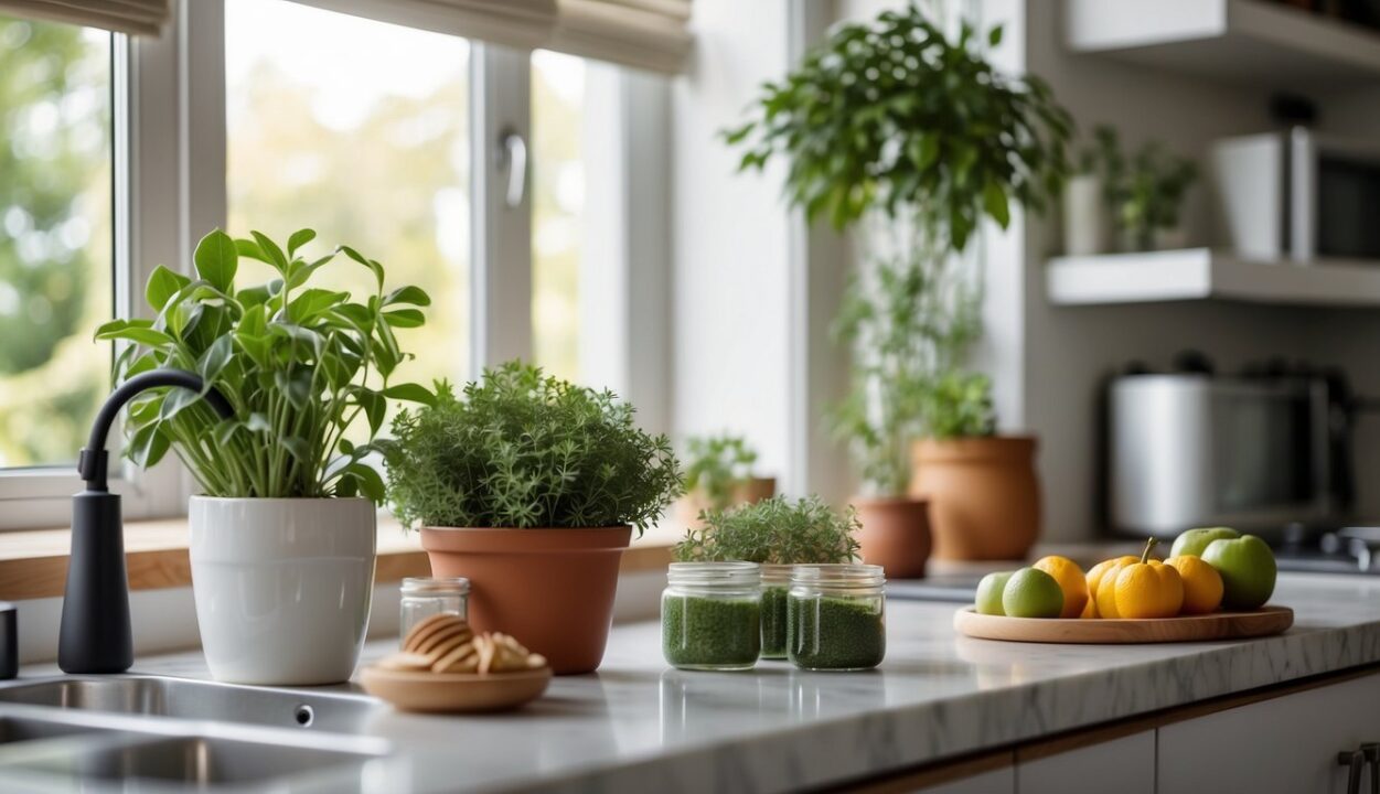 A bright, clean kitchen with non-toxic cleaning products on the counter. Plants and natural light create a healthy, inviting atmosphere