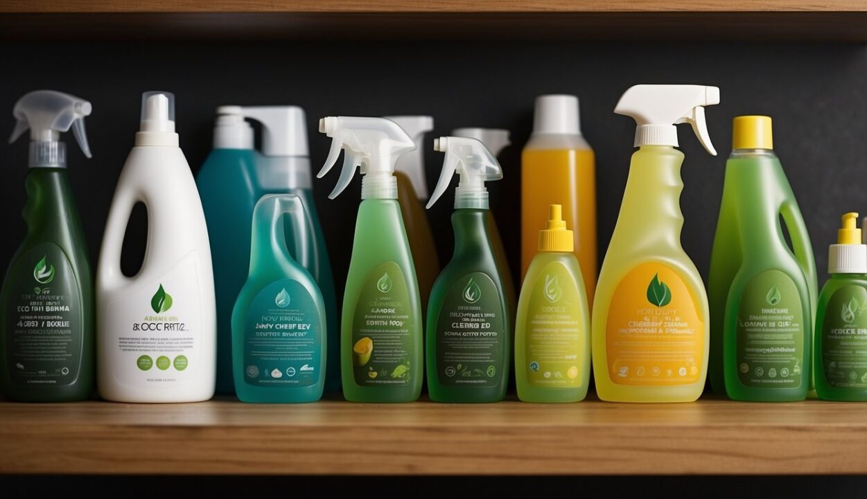 A variety of non-toxic cleaning products line the shelves, with labels showcasing their eco-friendly and health-conscious attributes