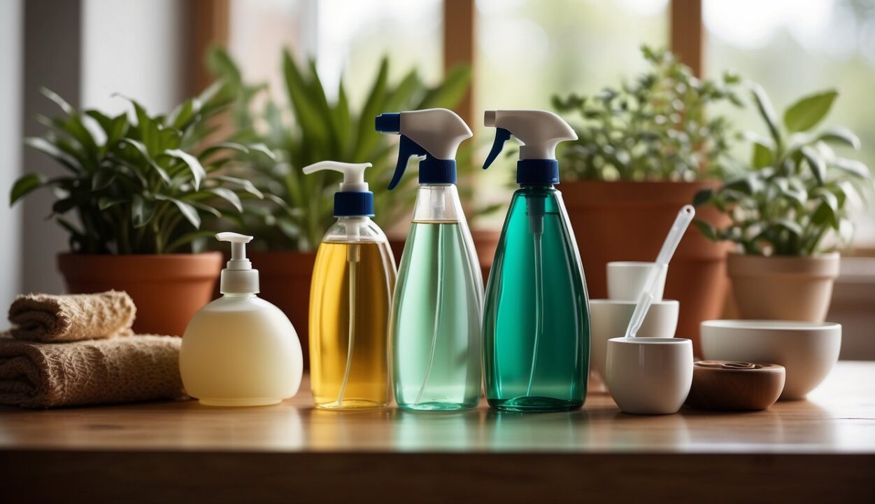 A table with various non-toxic cleaning products neatly arranged, surrounded by plants and natural light